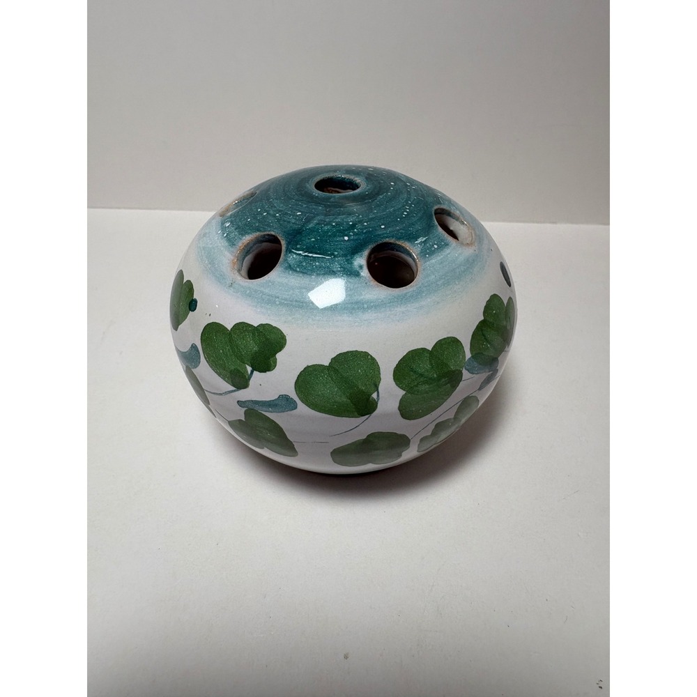 Vintage Italian Ceramic Flower Frog Vase Hand Painted Green Leaves Teal VB/2